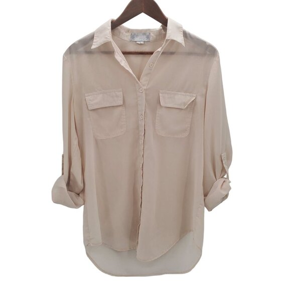 Vintage Solemio Womens Button Up Roll Tab Sleeve Blouse Top Sz L Cream Career - Picture 3 of 16